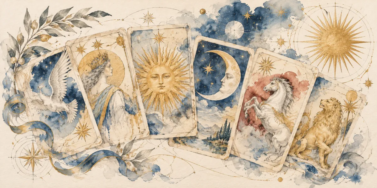 An AI-generated watercolor evokes the thematic world of “Cartes et tarots” without reproducing a scarf design.