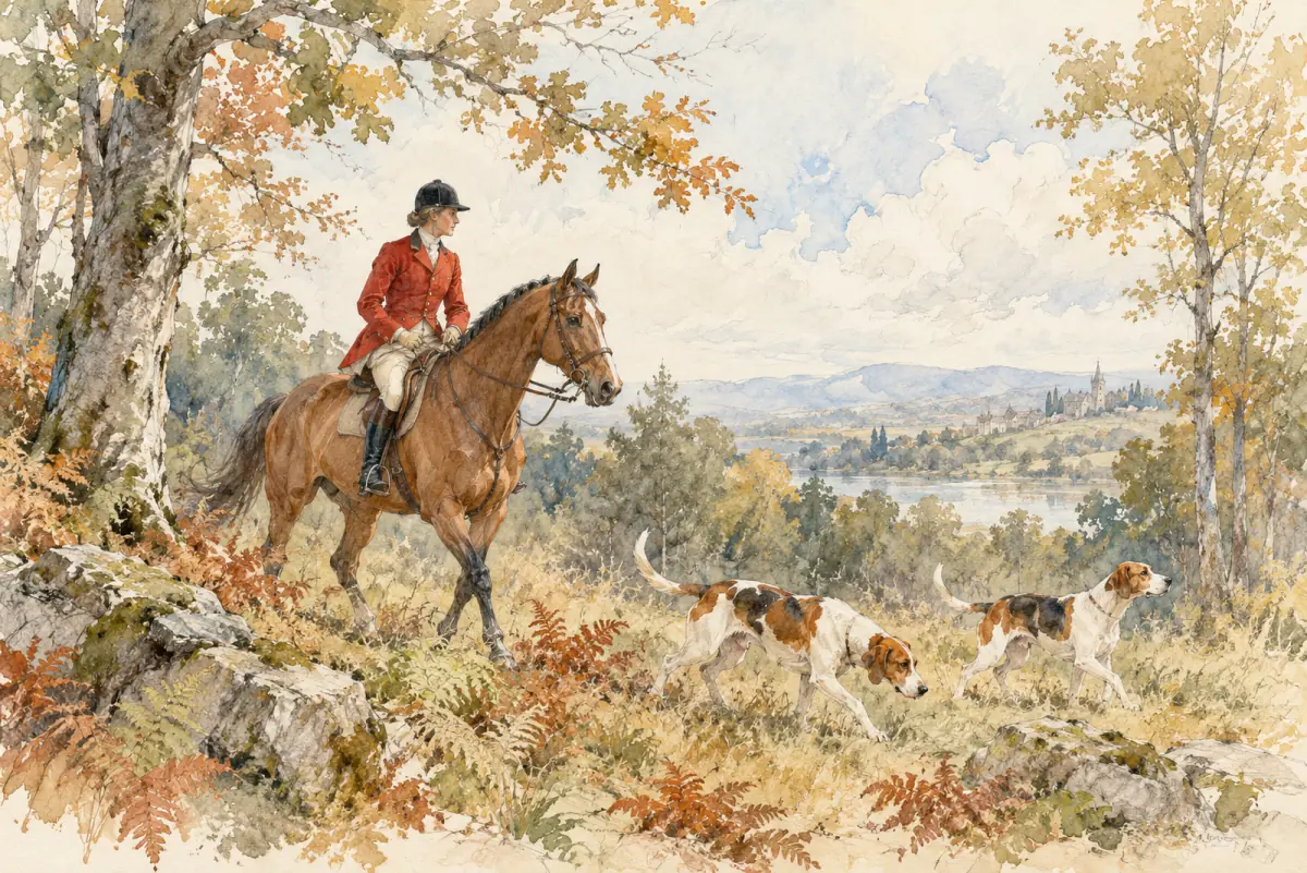 An AI-generated watercolor evokes the thematic world of “Chasse à courre” without reproducing a scarf design.