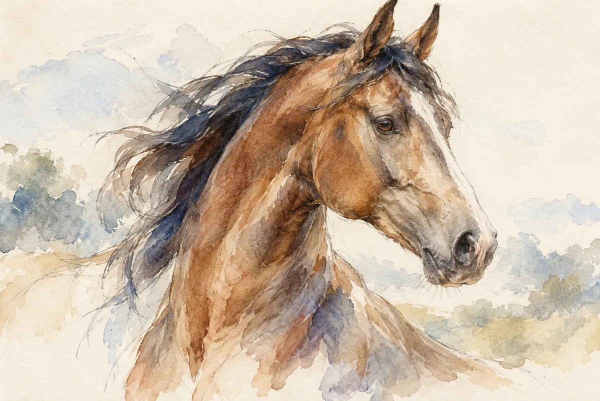 An AI-generated watercolor evokes the thematic world of “Cheval de caractère” without reproducing a scarf design.
