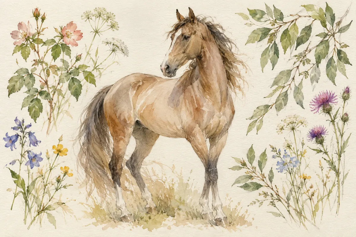 An AI-generated watercolor evokes the thematic world of “Cheval fleuri” without reproducing a scarf design.