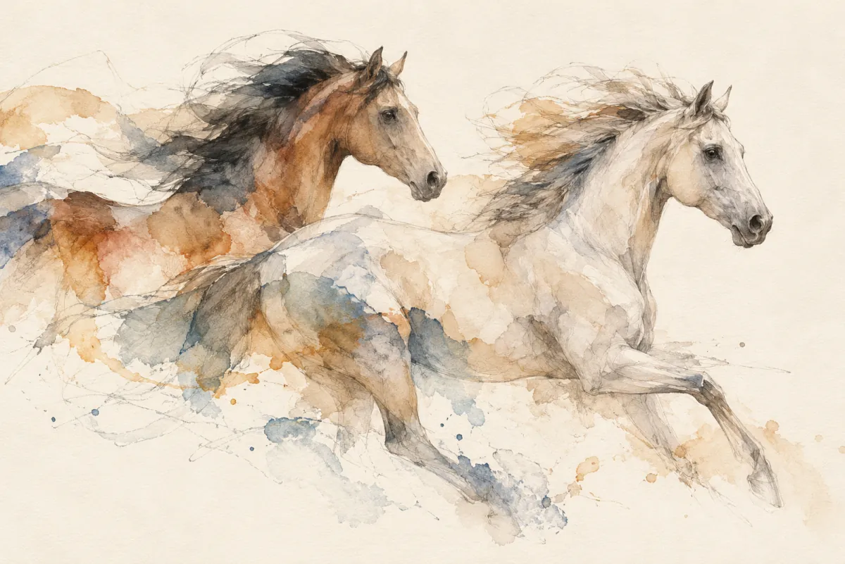 An AI-generated watercolor evokes the thematic world of “Cheval fusion” without reproducing a scarf design.