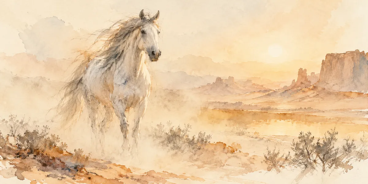 An AI-generated watercolor evokes the thematic world of “Cheval mirage” without reproducing a scarf design.