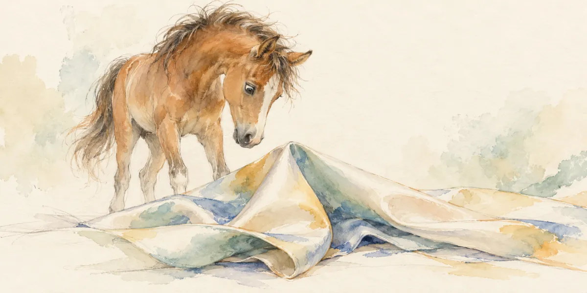 An AI-generated watercolor evokes the thematic world of “Cheval surprise” without reproducing a scarf design.