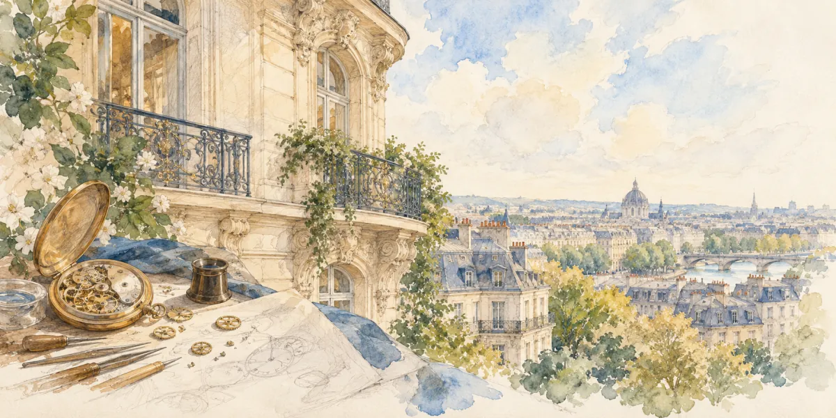 An AI-generated watercolor evokes the thematic world of “24 Faubourg seconde” without reproducing a scarf design.