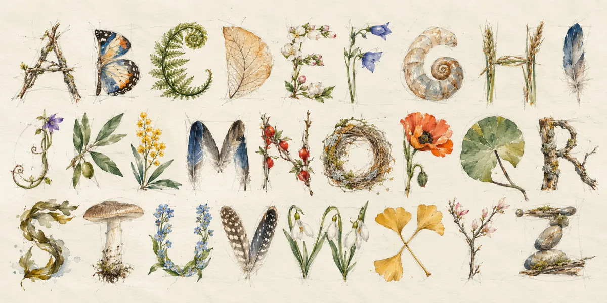 An AI-generated watercolor evokes the thematic world of “Alphabet III” as an original editorial illustration, not a documentary photograph or a reproduction of an existing design.