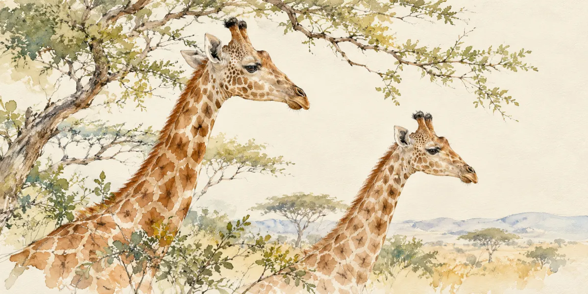 An AI-generated watercolor evokes the thematic world of “Les girafes” as an original editorial illustration, not a documentary photograph or a reproduction of an existing design.