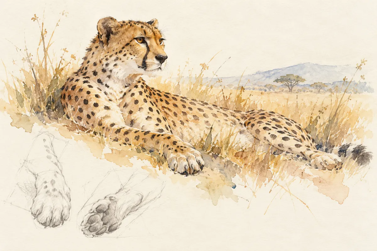 An AI-generated watercolor evokes the thematic world of “Guépards” as an original editorial illustration, not a documentary photograph or a reproduction of an existing design.