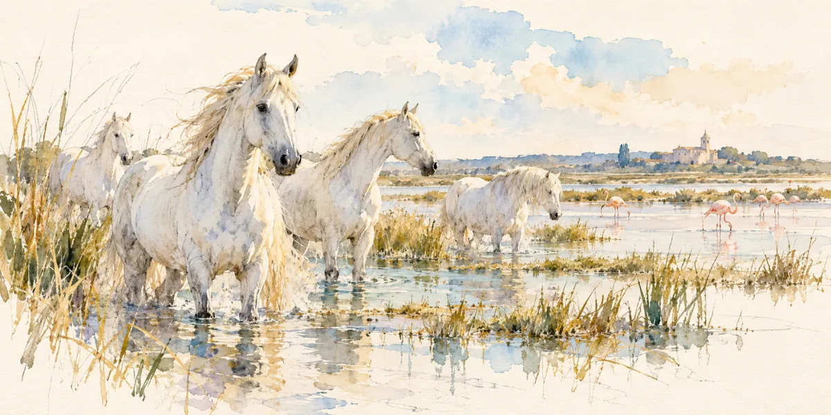 An AI-generated watercolor evokes the thematic world of “Halte en camargue” as an original editorial illustration, not a documentary photograph or a reproduction of an existing design.