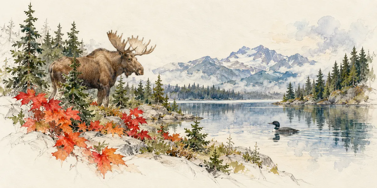 An AI-generated watercolor evokes the thematic world of “Into the canadian wild” as an original editorial illustration, not a documentary photograph or a reproduction of an existing design.