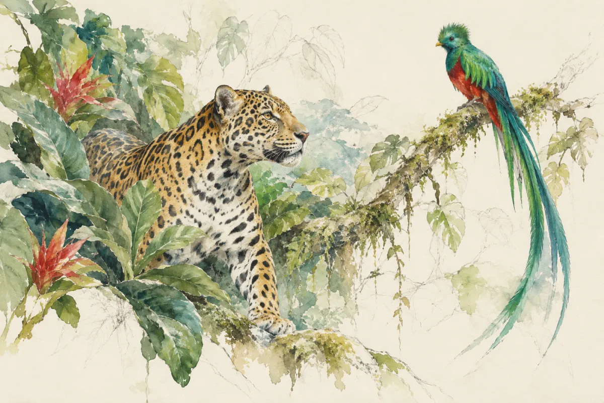 An AI-generated watercolor evokes the thematic world of “Jaguar quetzal” as an original editorial illustration, not a documentary photograph or a reproduction of an existing design.