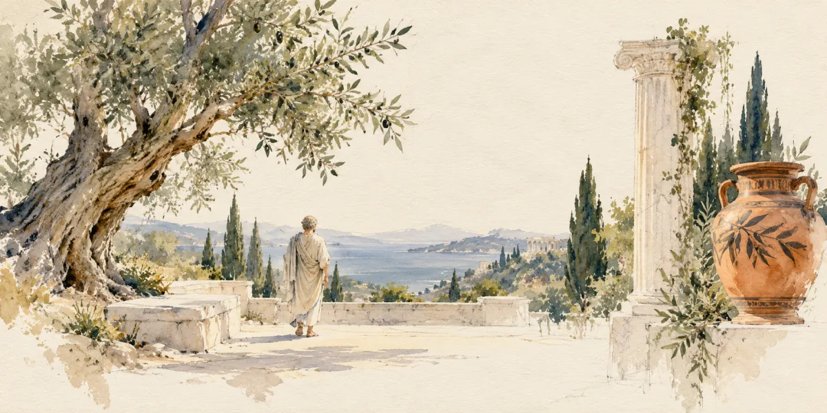 An original AI-generated watercolor evokes the theme of “La promenade de platon” without reproducing its scarf design.
