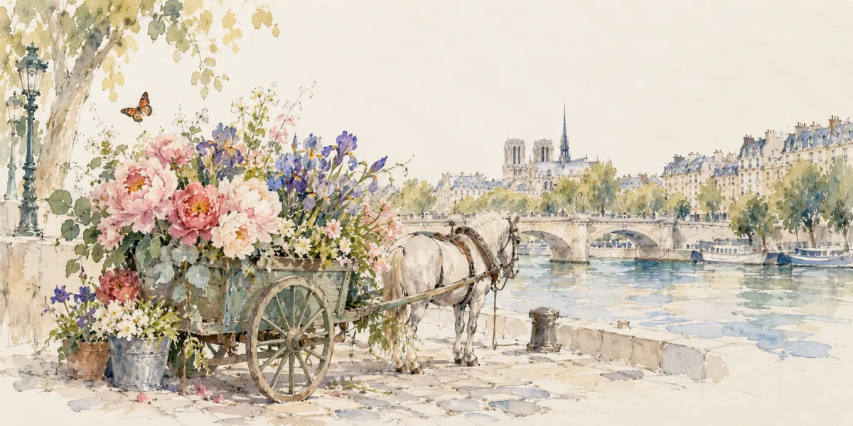 An original AI-generated watercolor evokes the theme of “Quai aux fleurs” without reproducing its scarf design.