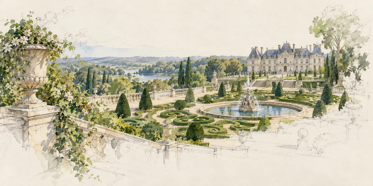 An original AI-generated watercolor evokes the theme of “Châteaux-jardins” without reproducing its scarf design.