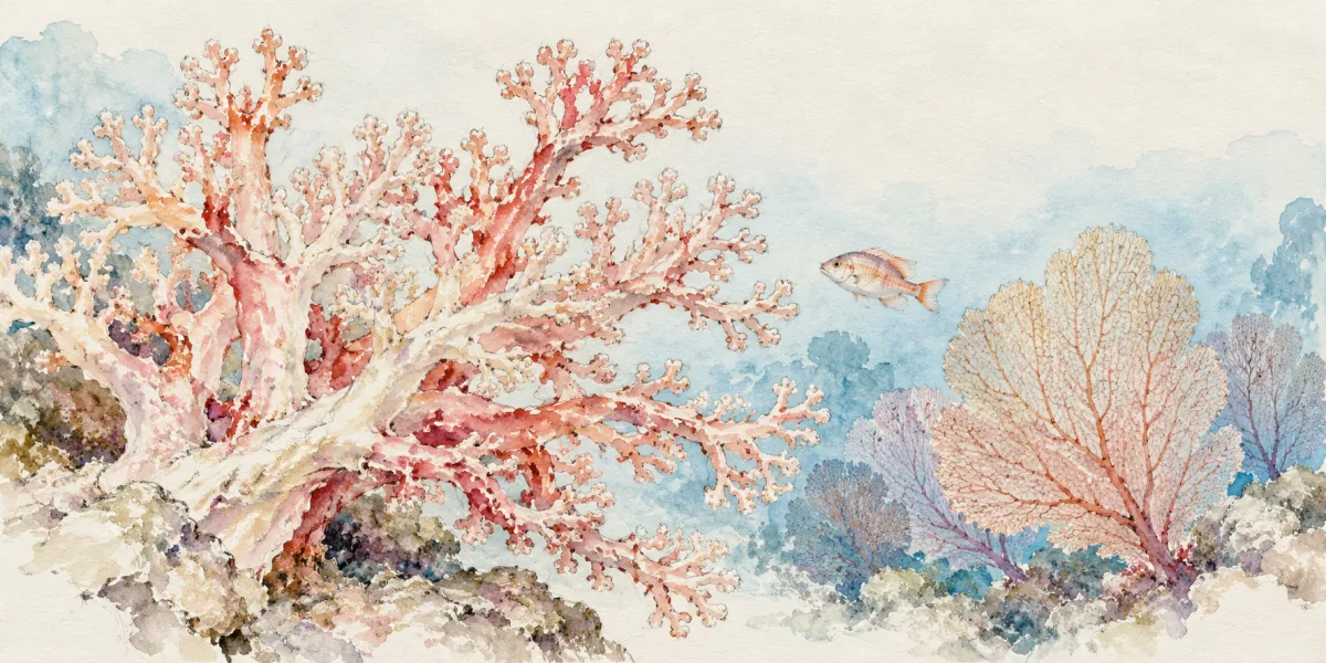 An original AI-generated watercolor evokes the theme of “Chemins de corail” without reproducing its scarf design.