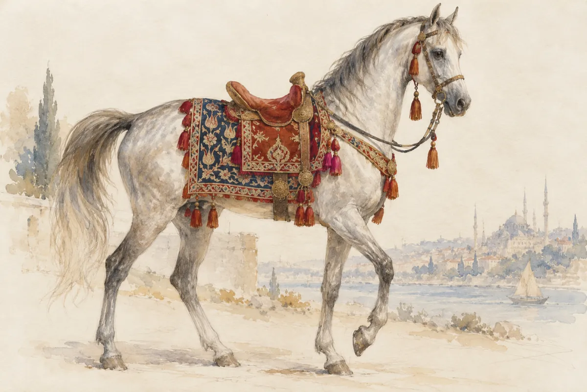 An original AI-generated watercolor evokes the theme of “Cheval turc” without reproducing its scarf design.