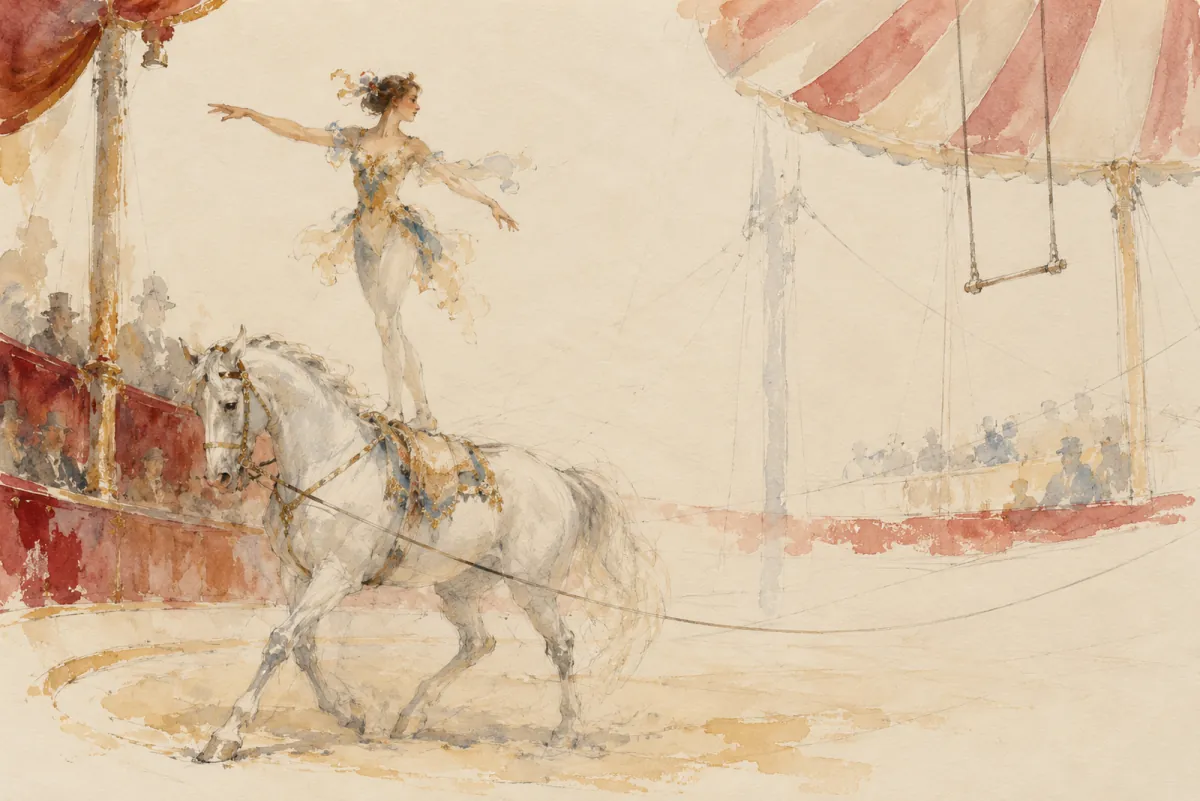 An original AI-generated watercolor evokes the theme of “Le cirque molier” without reproducing its scarf design.