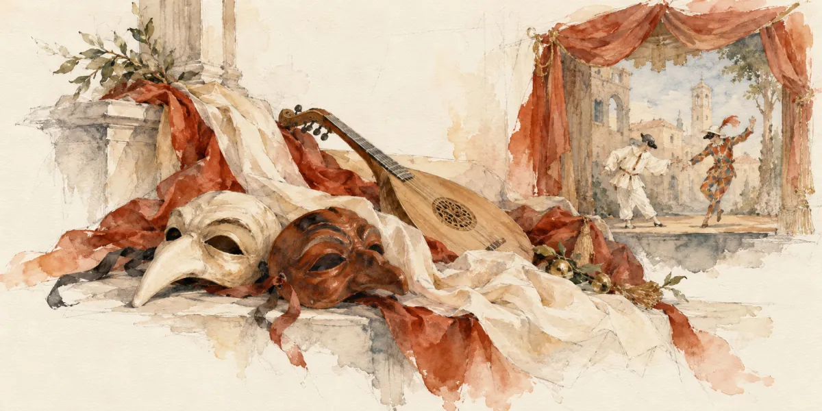 An original AI-generated watercolor evokes the theme of “La comédie italienne” without reproducing its scarf design.