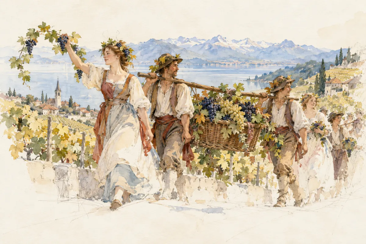 An original AI-generated watercolor evokes the theme of “Le cortèges des vignerons” without reproducing its scarf design.