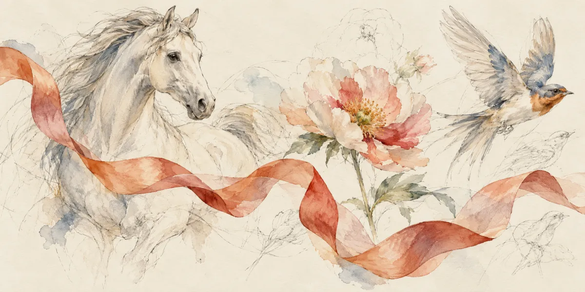 An original watercolor of silk and drawing materials accompanies the Ashanti research note without claiming to depict the design or establish a cultural interpretation.