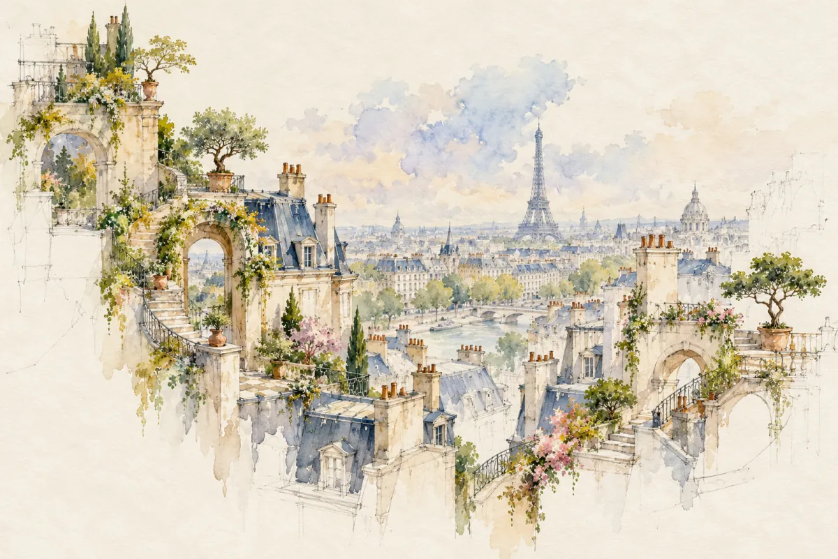 An original AI-generated watercolor evokes the theme of “Promenade au faubourg” without reproducing its scarf design.