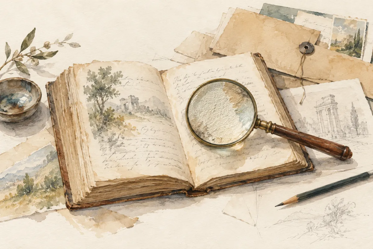 An AI-generated watercolor evokes the papers and notes gathered before an exhibition; the pages are invented.