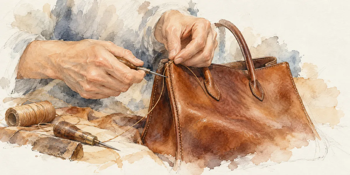 An AI-generated watercolor evokes hand-stitching leather without depicting a documented workshop or a branded bag.