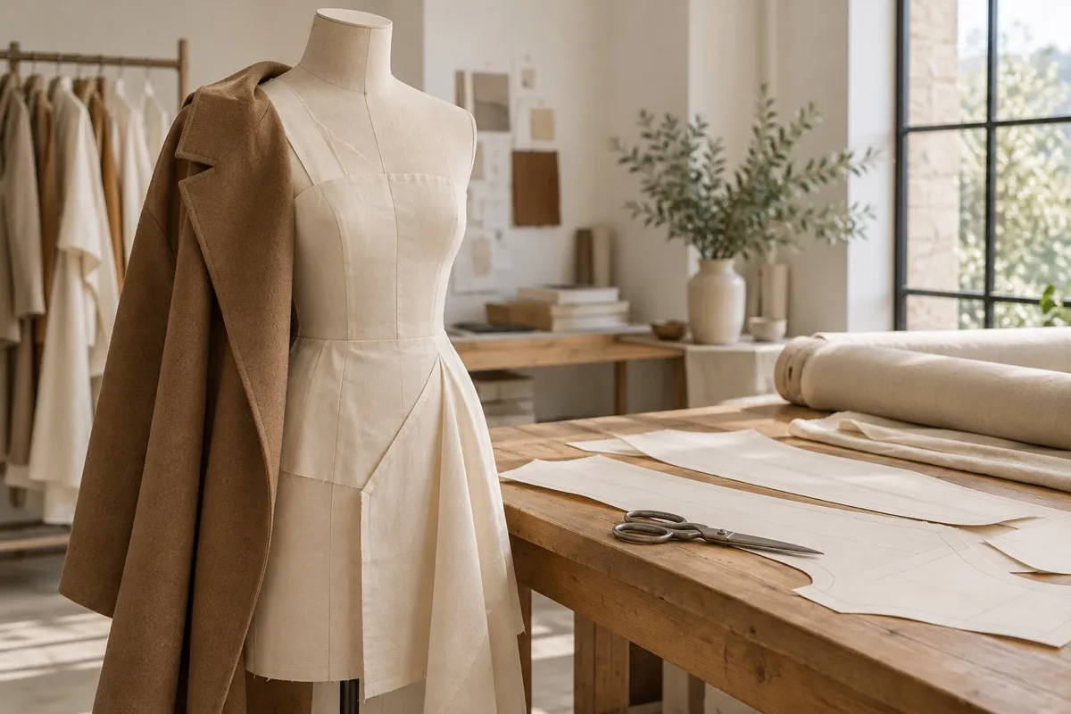 Illustrative rendering of a headless dress form wearing a cream toile and draped camel wool coat beside blank paper patterns and tailoring scissors in a sunlit atelier.