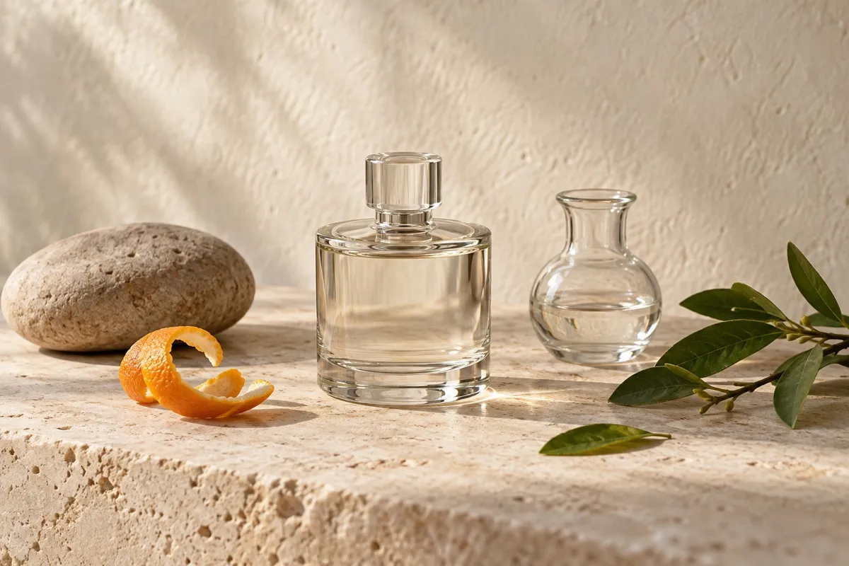Illustrative still-life of an anonymous clear glass fragrance bottle and small glass vessel with orange zest, a stone and green leaves on ivory limestone.