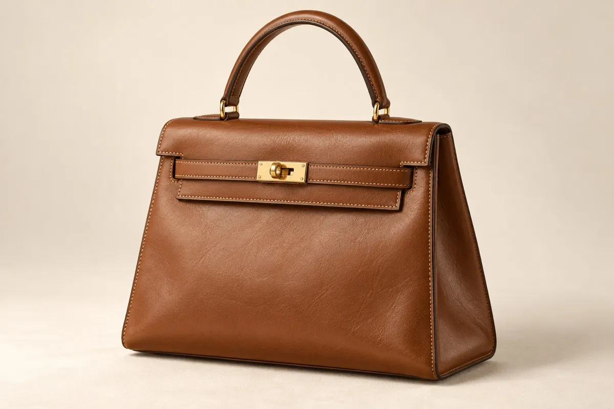 AI-generated illustration of a hazelnut-brown trapezoid leather bag with one top handle and a plain gold-tone fastening, on an ivory background.