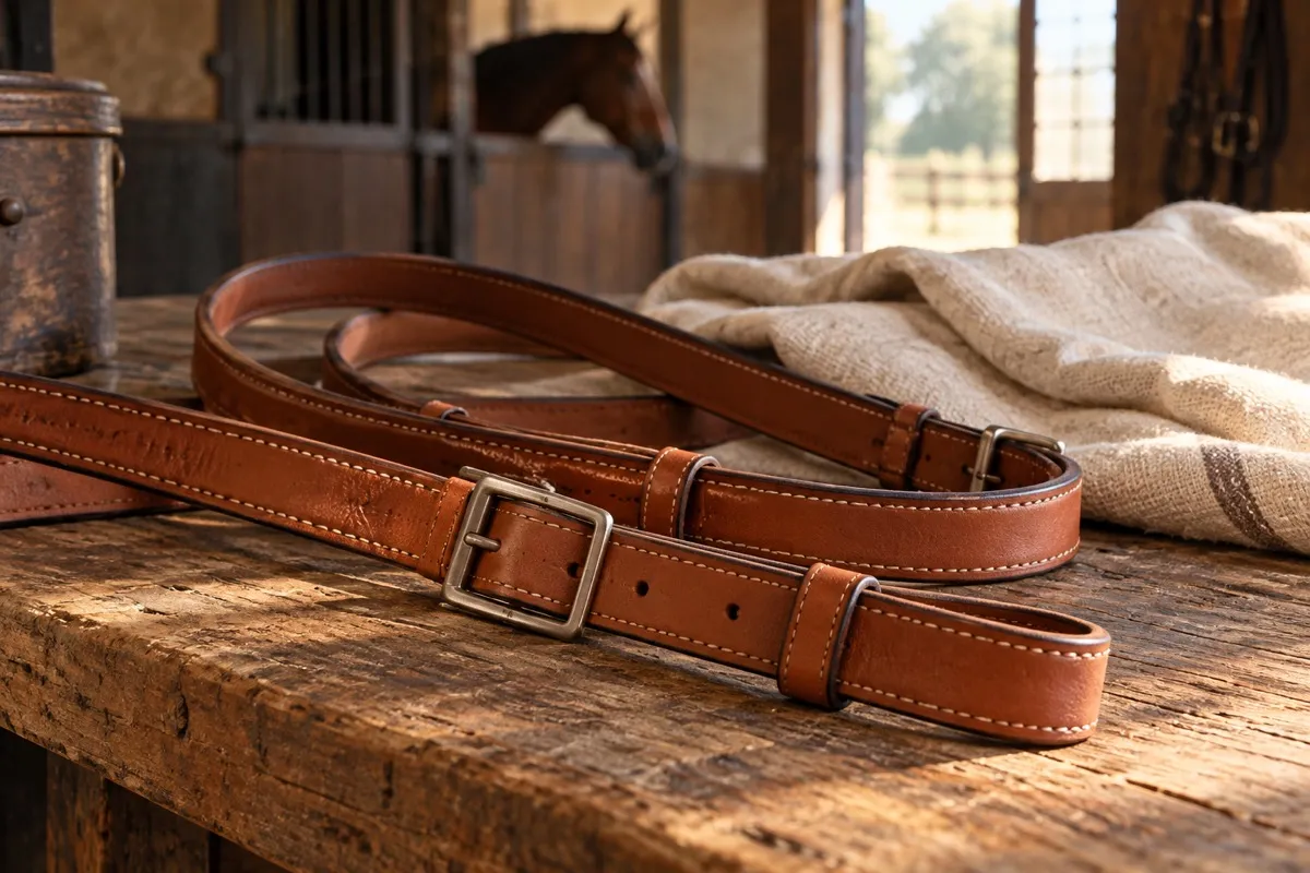 AI-generated contextual scene of cognac leather straps and metal buckles on a wooden stable table beside ivory linen.