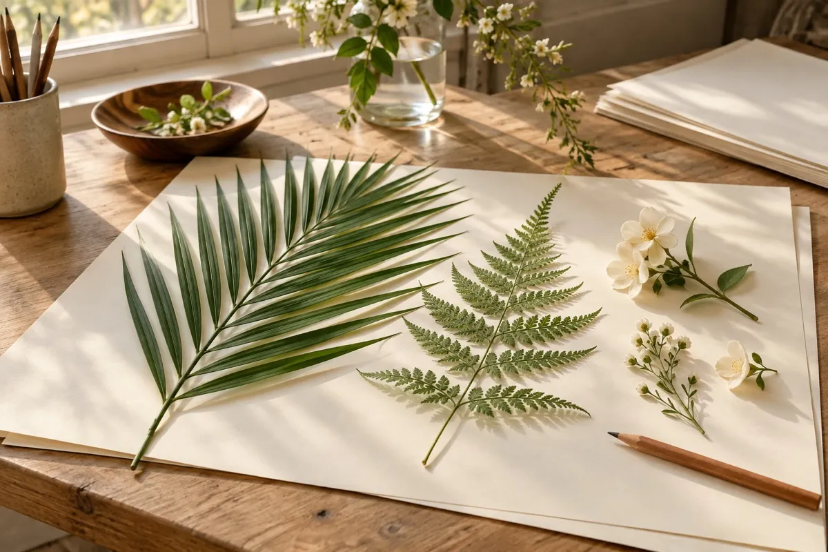 AI-generated contextual still life of a palm leaf, fern and small white flowers on blank cream paper with a wooden pencil.