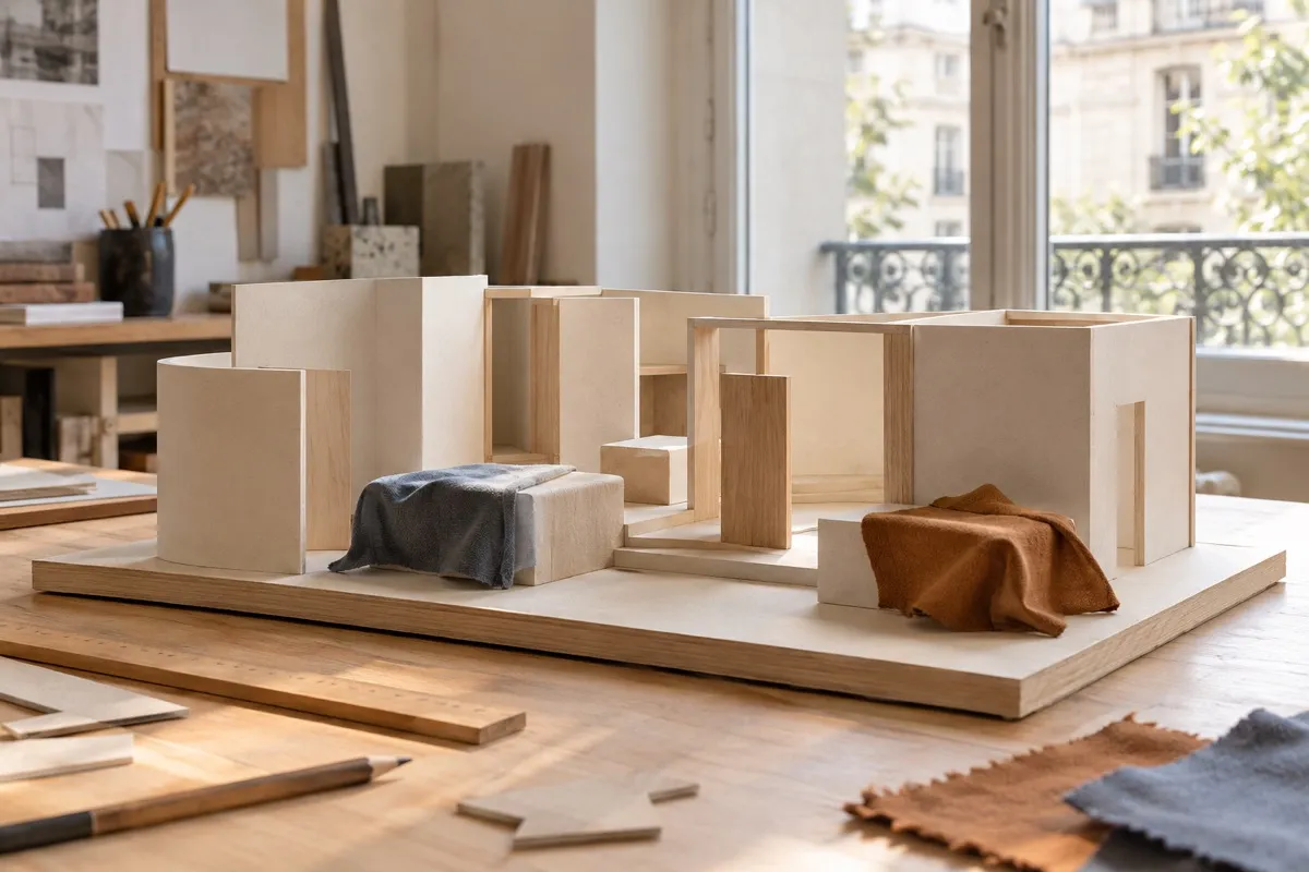 AI-generated contextual scene of a pale-wood and ivory-card architectural model beside a bright window, with blue-gray and cognac fabric draped over small volumes.