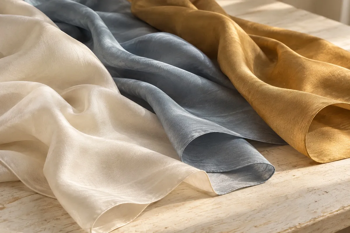 AI-generated contextual close-up of plain cream, muted blue-gray and ochre silk with soft folds on a pale wooden table.