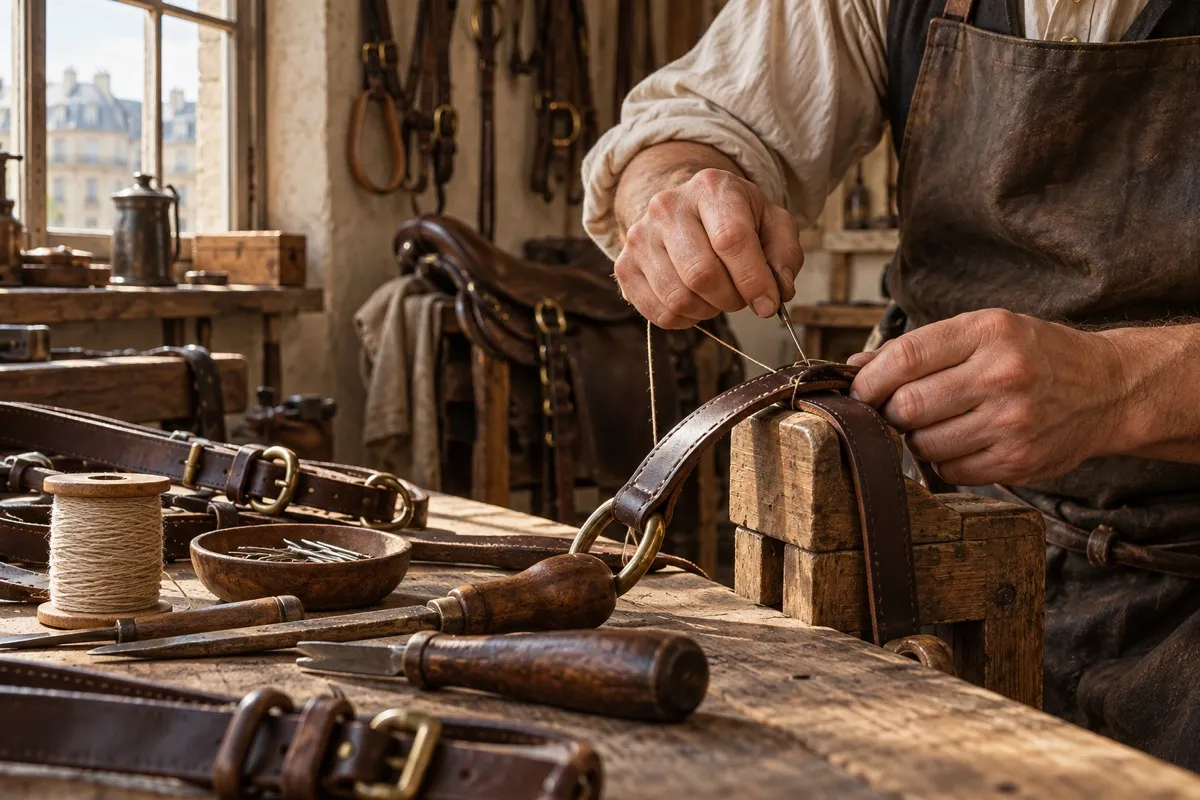 AI-generated reconstruction of an unidentified artisan’s hands working leather harness on a wooden bench in soft window light.
