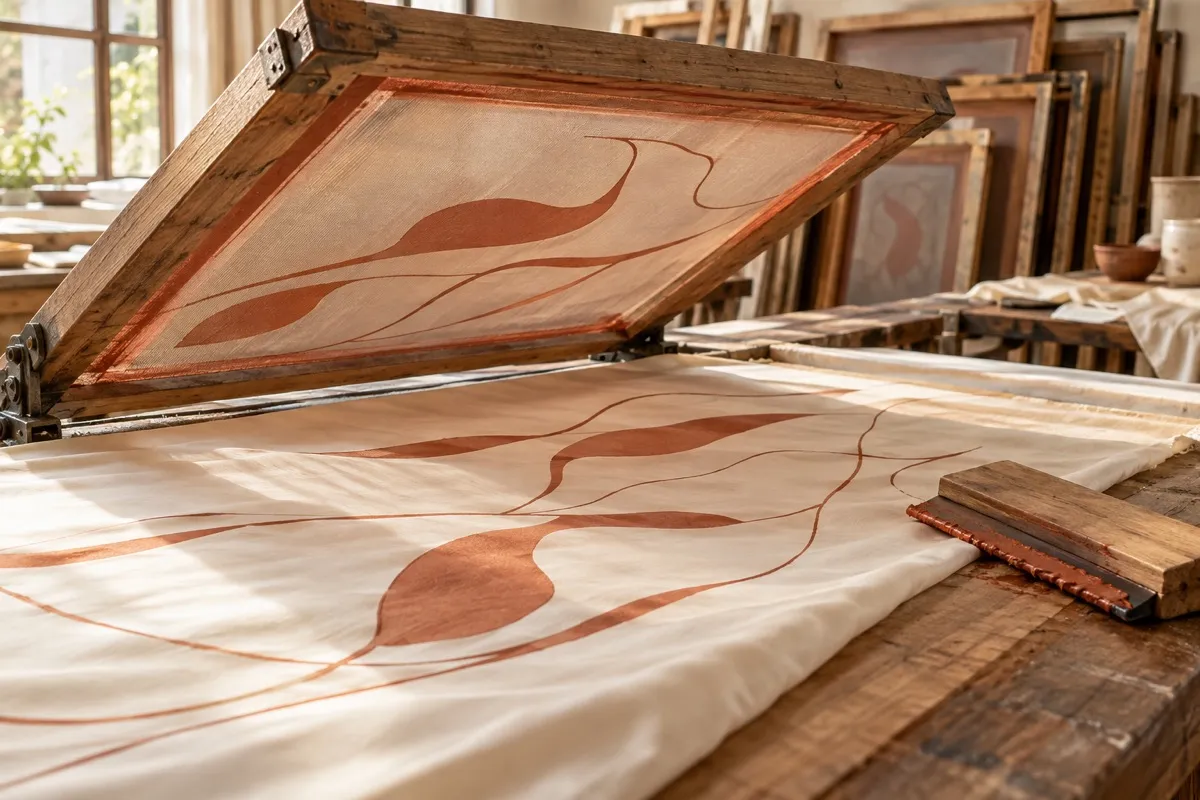 AI-generated textile-printing scene with a raised wooden screen above ivory cloth bearing abstract terracotta lines.