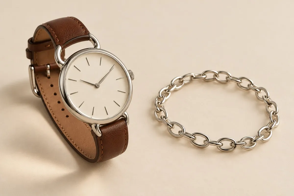 AI-generated still life of an unbranded round watch with a brown leather strap beside a silver-colored oval-link chain on an ivory surface.
