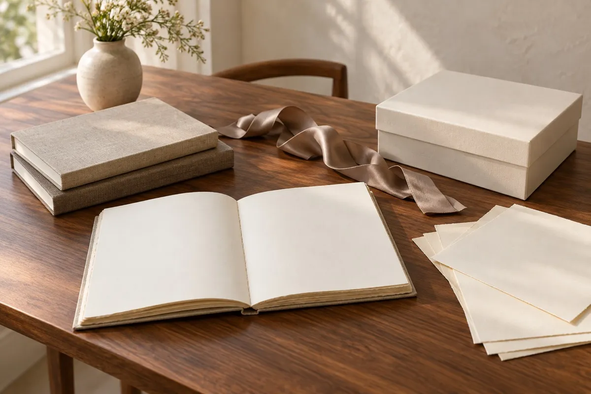AI-generated contextual still life of blank notebooks, papers and a conservation box in an imagined reading room.