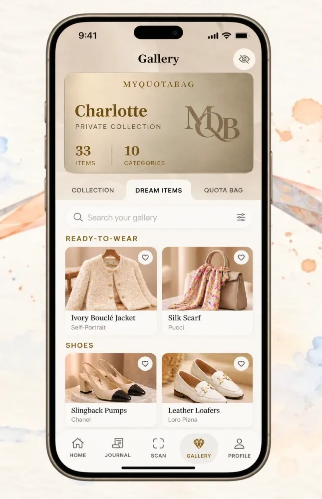 The Gallery screen of MyQuotaBag with a private collection card and dream items