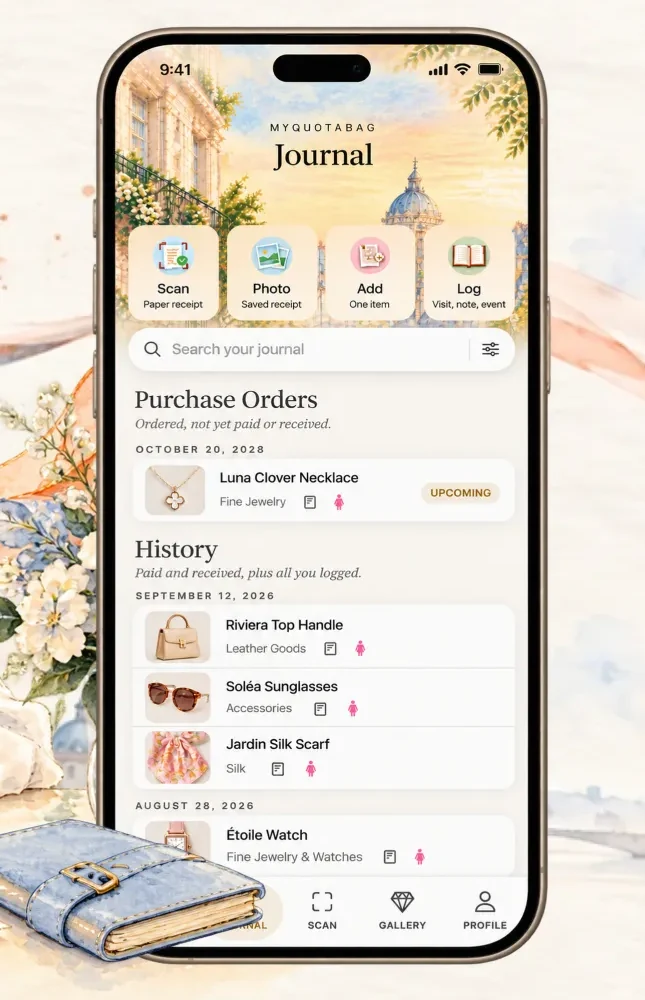 The Journal screen of MyQuotaBag with purchase orders and history