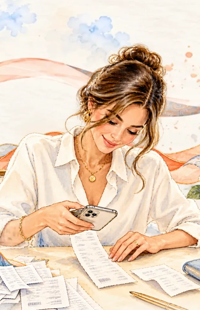 Watercolor of a woman scanning her receipts with her iPhone