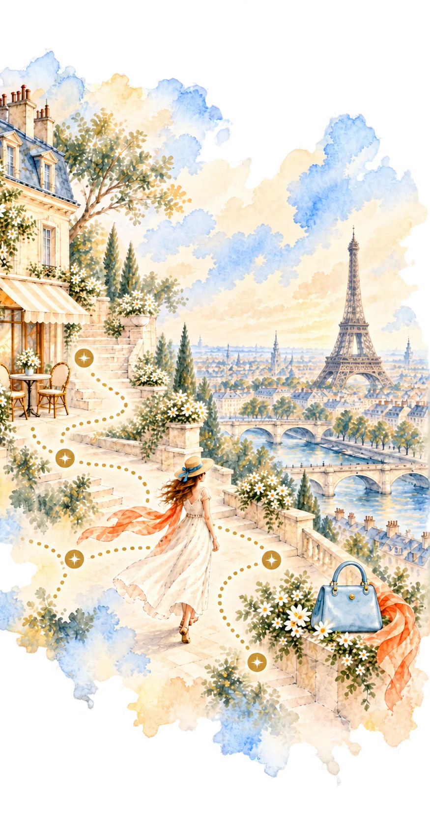 Watercolor of a woman walking along a Parisian path toward a blue bag, with five golden points along the way