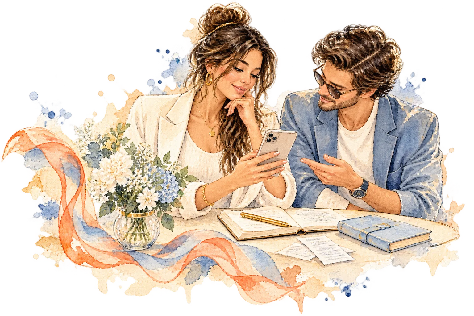 Watercolor of two collectors at a café table, looking at the app on a phone beside a notebook