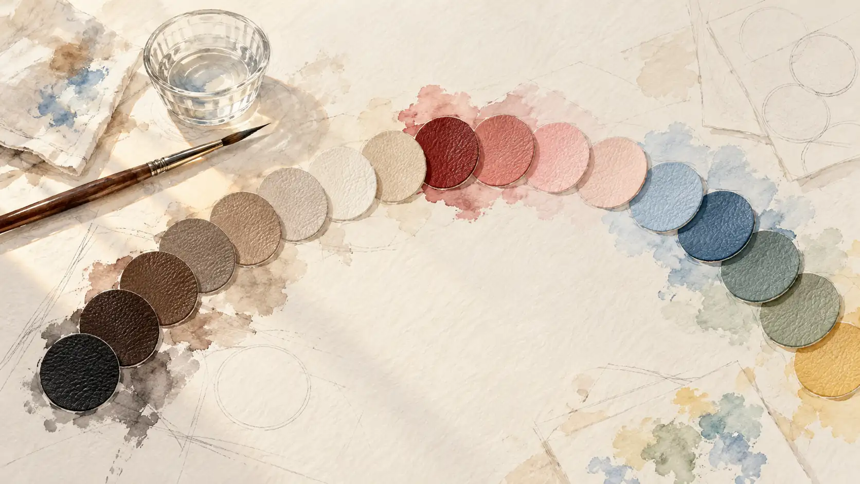 Watercolor arc of twenty leather color chips, from black and browns to reds, blues, greens and yellow