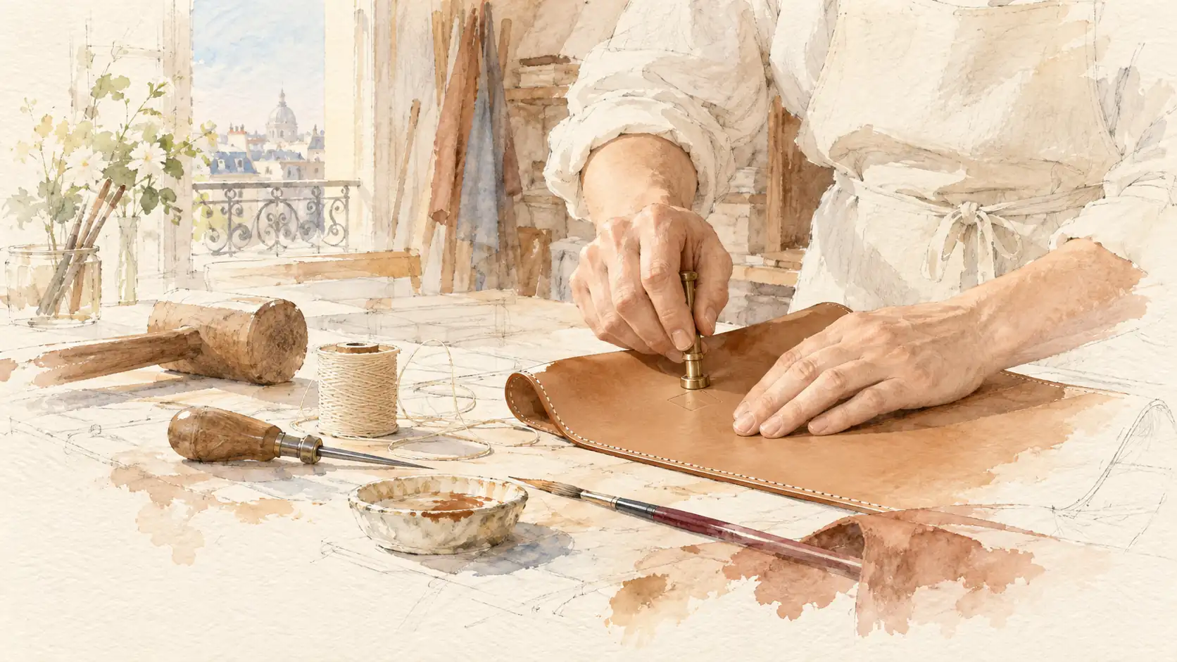 Watercolor of an artisan's hands pressing a small brass punch into a tan leather panel