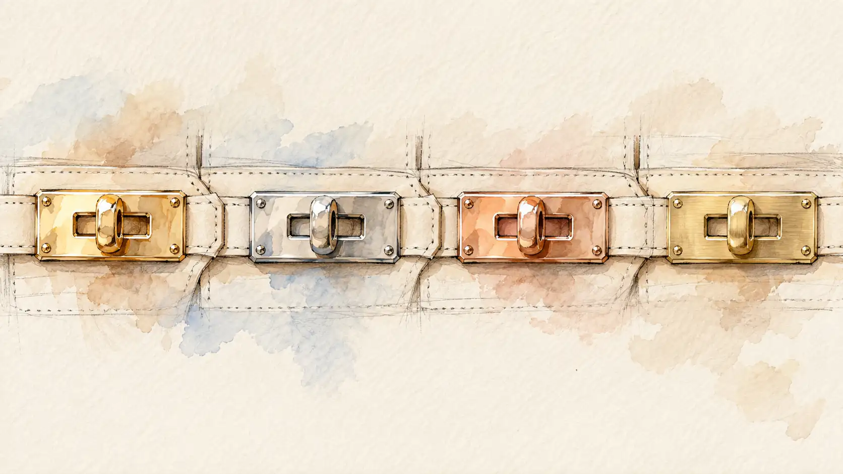 Watercolor of a turn-lock closure in four finishes: gold, palladium, rose gold and brushed gold