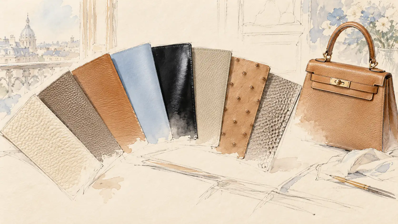 Watercolor of eight leather swatches, from pebbled calfskin to ostrich and crocodile, beside a camel Kelly bag