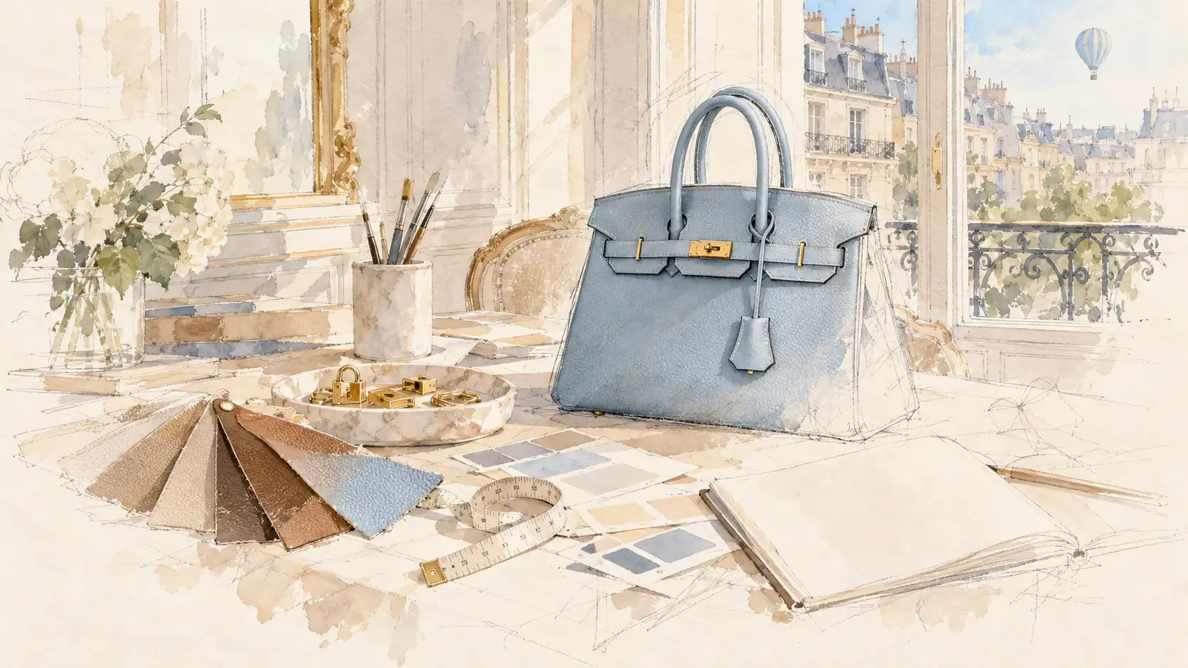 Watercolor of a powder-blue Birkin on a Paris worktable with leather swatches, hardware pieces and color cards