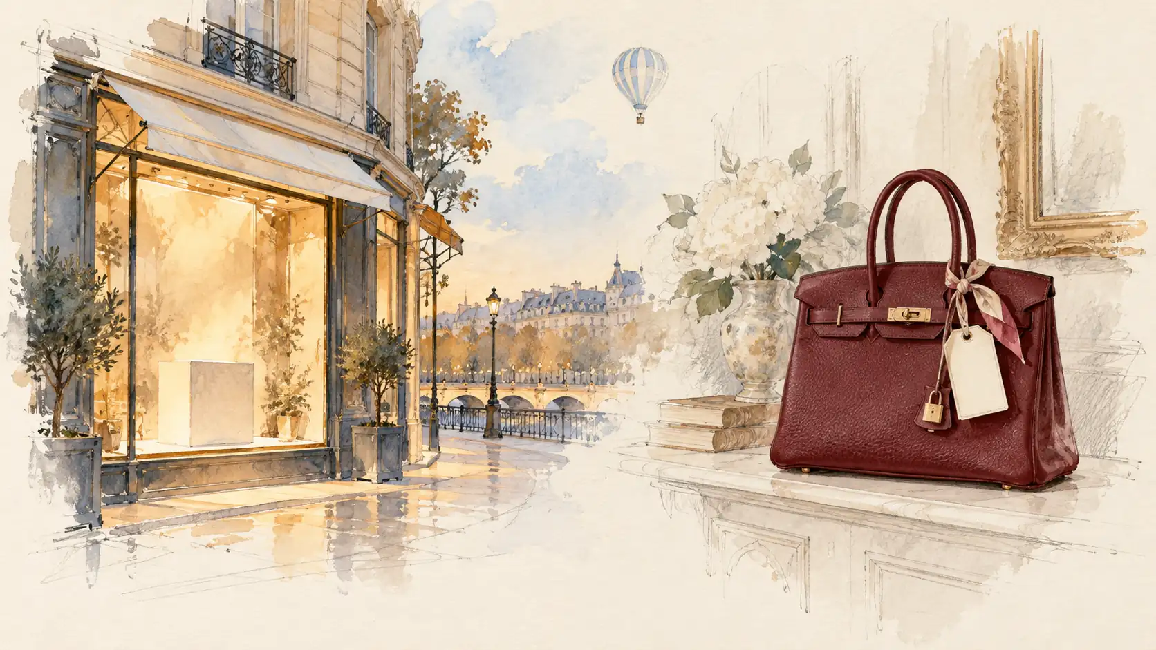 Watercolor of a Paris boutique window at dusk beside a burgundy Birkin with a blank tag at home
