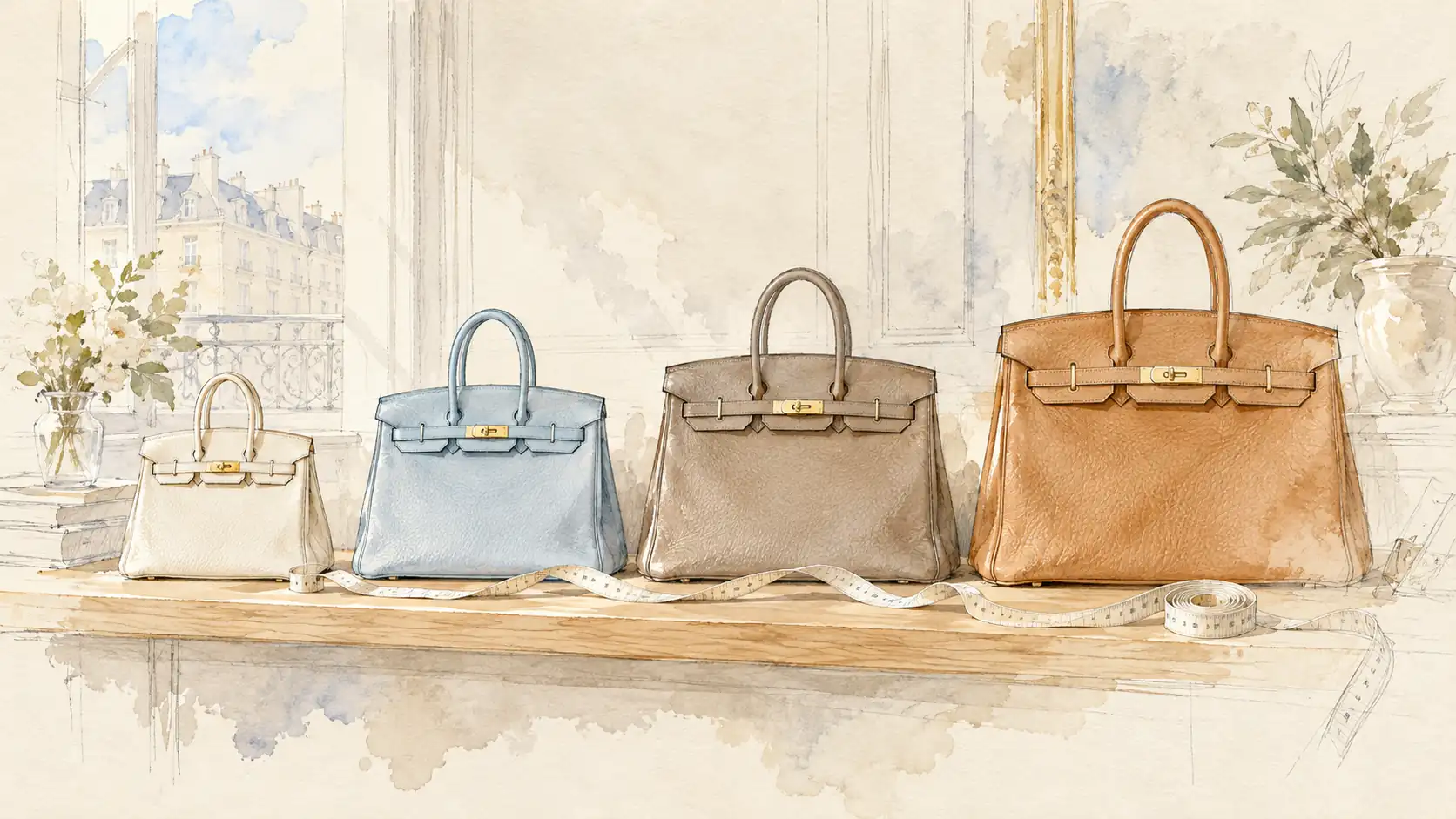 Watercolor of four Birkin bags from smallest to largest on a pale oak shelf