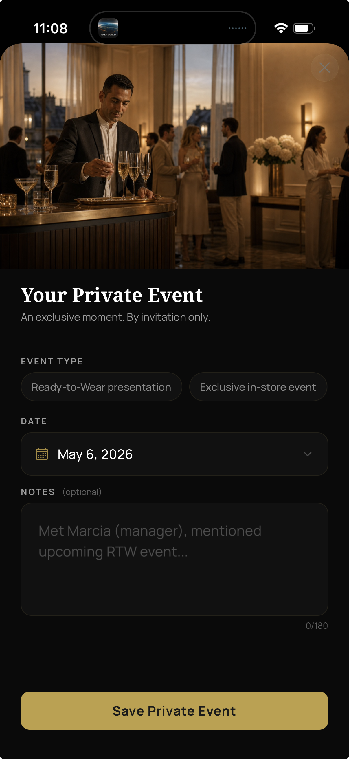 Log private Hermès events including ready-to-wear presentations and exclusive in-store events